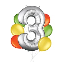 Bouquet de ballons, chiffre 3 argent avec ballons en latex, kiwi/jaune/orange, paq. 7, gonflage à l¿hélium et ruban inclus pour anniversaire