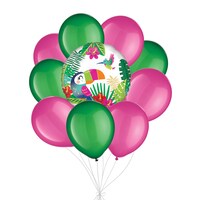 Tropical Paradise Balloon Bouquet with Latex Balloons, Festive Green/Bright Pink, 10-pk, Helium Inflation & Ribbon Included Front_Flat