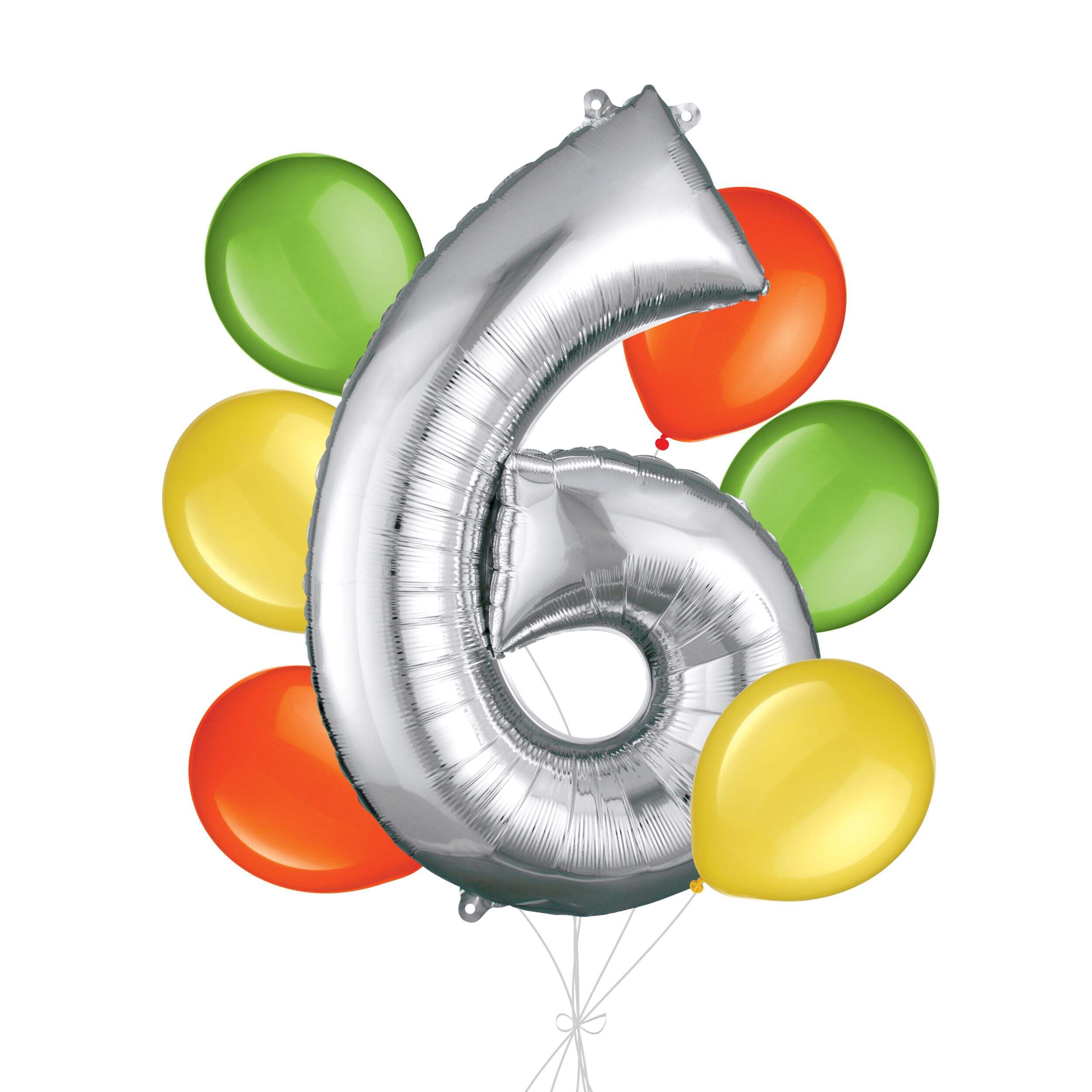 Number "6" Silver Balloon Bouquet with Latex Balloons, Kiwi/Yellow/Orange, 7-pk, Helium Inflation & Ribbon Included for Birthday/Anniversary Front_Flat