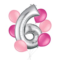 Bouquet de ballons argentés avec chiffre 6 avec ballons en latex, rose vif/nouveau rose, paq. 7, gonflage à l'hélium et ruban inclus pour anniversaire