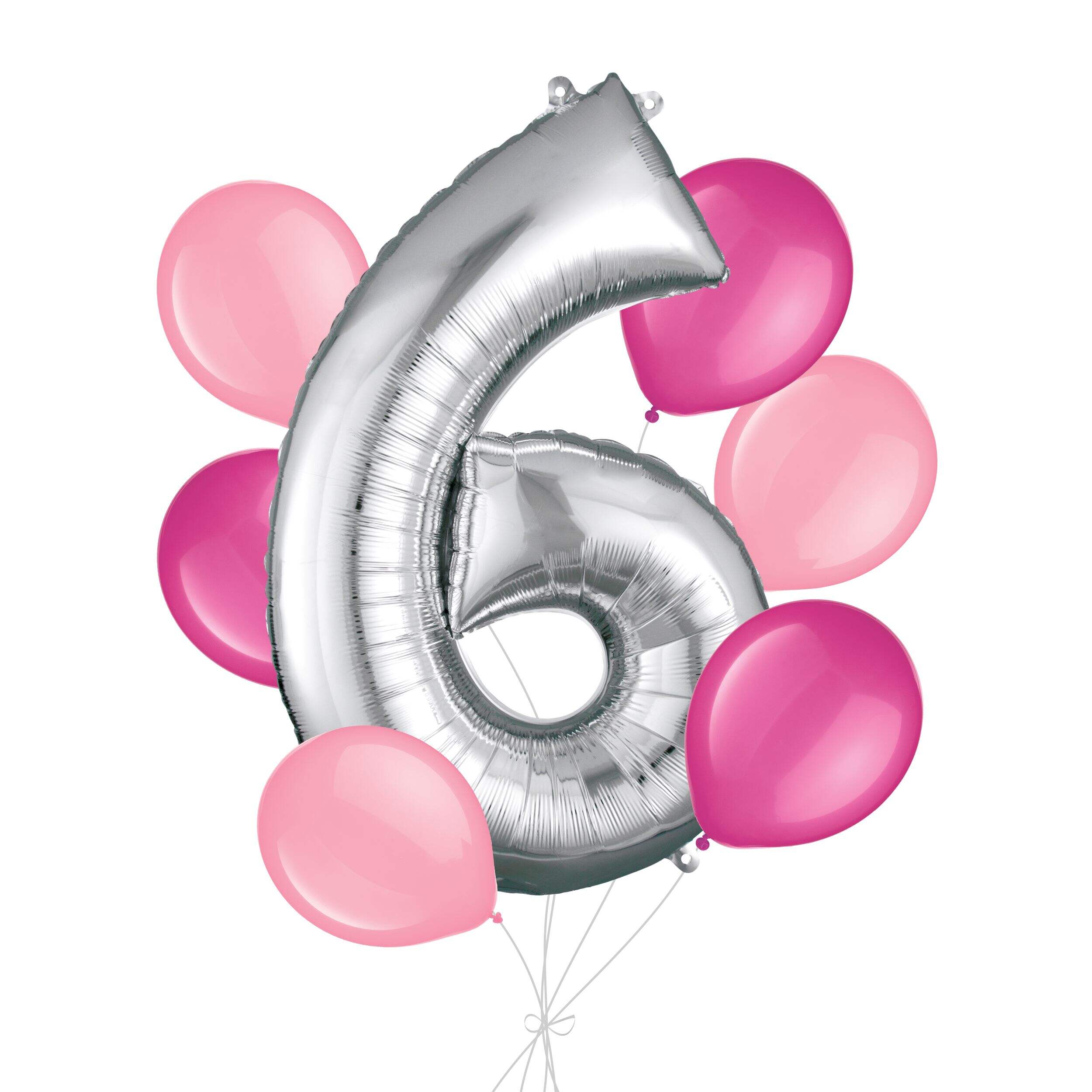 Number "6" Silver Balloon Bouquet with Latex Balloons, Bright Pink/New Pink, 7-pk, Helium Inflation & Ribbon Included for Birthday/Anniversary Front_Flat