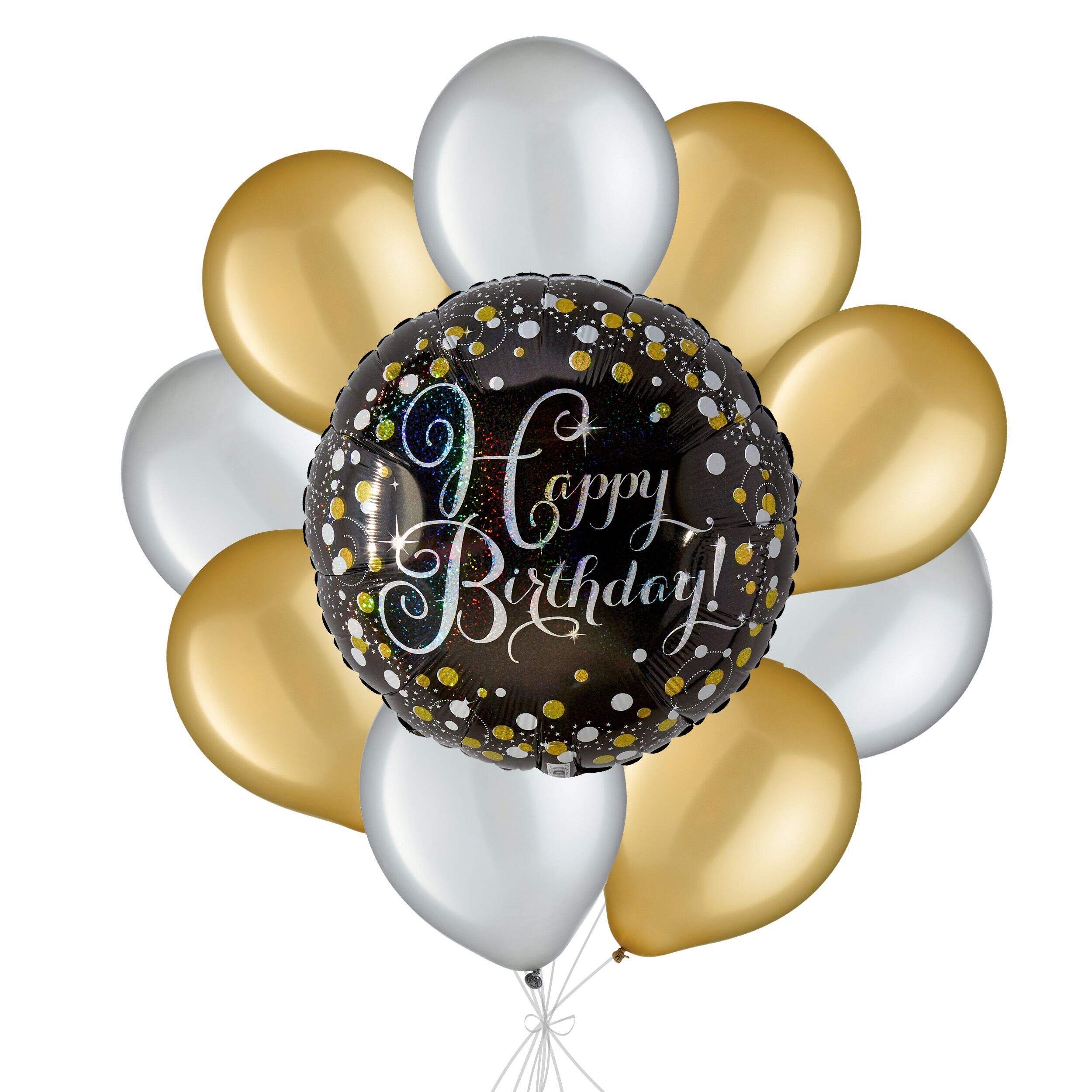 “Happy Birthday” Sparkling Prismatic Balloon Bouquet with Pearl Latex Balloons, Gold/Silver, 10-pk, Helium Inflation & Ribbon Included Front_Flat