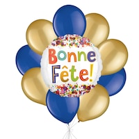 "Bonne Fete!" French Happy Birthday Painterly Dots Balloon Bouquet with Latex Balloons, Royal Blue/Gold, 10-pk, Helium Inflation & Ribbon Included Front_Flat