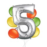 Number "5" Silver Balloon Bouquet with Latex Balloons, Kiwi/Yellow/Orange, 7-pk, Helium Inflation & Ribbon Included for Birthday/Anniversary Front_Flat