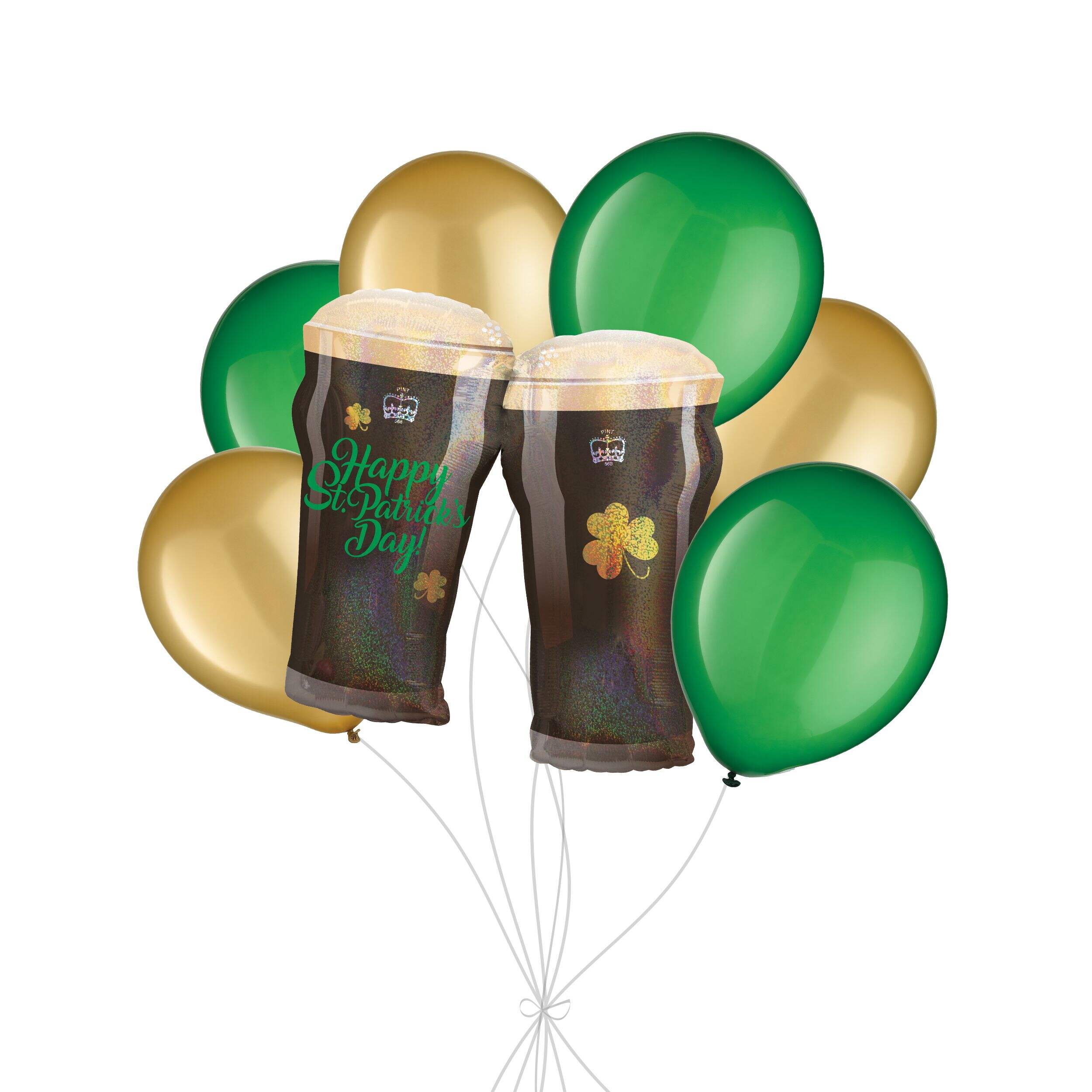 Bouquet de ballons en forme super « Happy St. Patrick's Day! » chopes irlandaises avec ballons en latex, vert festif/doré, paq. 7, gonflement à l'hélium et ruban inclus Front_Flat