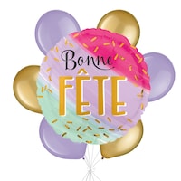 “Bonne Fête” French Happy Birthday Watercolour Jumbo Balloon Bouquet with Pearl Latex Balloons, Gold/Lavender, 7-pk, Helium Inflation & Ribbon Included Front_Flat