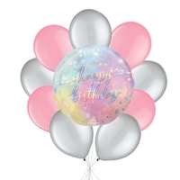 Bouquet de ballon Happy Birthday lumineux avec ballons en latex nacrés argentés et roses, 10 pièces, gonflement à l¿hélium et ruban inclus, pour fête d¿anniversaire d¿enfant