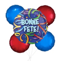 “Bonne Fête!” French Happy Birthday Streamer Jumbo Balloon Bouquet with Round Balloons, Blue/Red, 5-pk, Helium Inflation & Ribbon Included Front_Flat