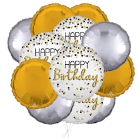 Bouquet de ballons à pois Happy Birthday avec ballons ronds en aluminium noirs argentés et dorés, paq. 12, gonflage à l'hélium et ruban inclus Front_Flat