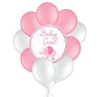 “Baby Girl” Elephant Balloon Bouquet with Latex Balloons, White/Pink, 10-pk, Helium Inflation & Ribbon Included for Baby Shower Front_Flat
