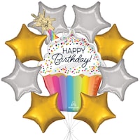 “Happy Birthday!” Cupcake Confetti Sprinkle Supershape Balloon Bouquet with Star Foil Balloons, Gold/Silver, 9-pk, Helium Inflation & Ribbon Included Front_Flat
