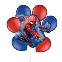 Spider-Man Supershape Balloon Bouquet with Latex Balloons, Royal Blue/Red, 7-pk, Helium Inflation & Ribbon Included for Kids’ Birthday Front_Flat