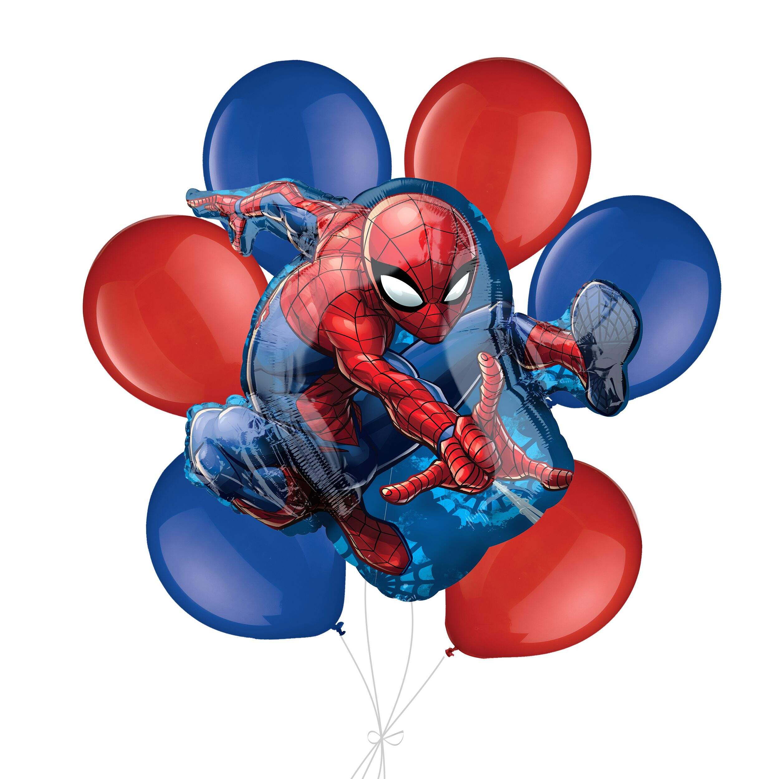 Spider-Man Supershape Balloon Bouquet with Latex Balloons, Royal Blue/Red, 7-pk, Helium Inflation & Ribbon Included for Kids’ Birthday Front_Flat