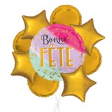 Bouquet de ballon géant aquarelle Bonne Fête en français avec ballons en aluminium ronds et étoiles dorés, 9 pièces, gonflage à l'hélium et ruban inclus Front_Flat