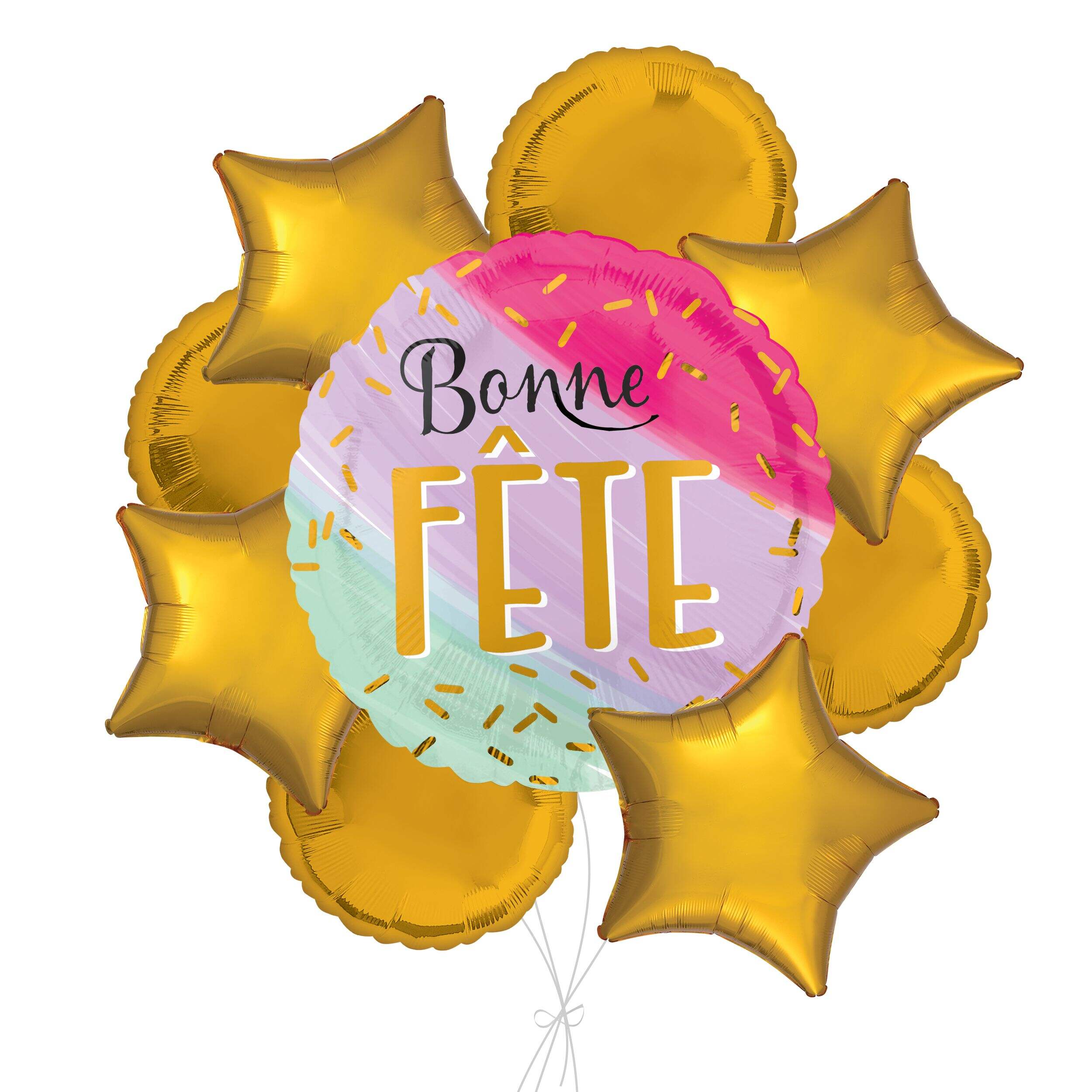 “Bonne Fête” French Happy Birthday Watercolour Jumbo Balloon Bouquet with Round and Star Foil Balloons, Gold, 9-pk, Helium Inflation & Ribbon Included Front_Flat
