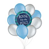 “Bonne Fête des Pères” French Happy Father's Day Plaid Balloon Bouquet with Latex Balloons, Powder Blue/Silver, 10-pk, Helium Inflation & Ribbon Included Front_Flat