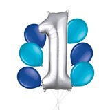 Number "1" Silver Balloon Bouquet with Latex Balloons, Caribbean Blue/Royal Blue, 7-pk, Helium Inflation & Ribbon Included for Birthday/Anniversary Front_Flat