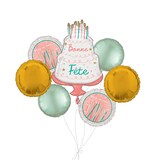 “Bonne Fête” French Happy Birthday Cake Day Supershape Balloon Bouquet with Round Foil Balloons, Gold/Mint Green, 7-pk, Helium Inflation & Ribbon Included Front_Flat