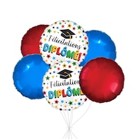 “Félicitations Diplôme!” French Congratulations Grad! Colourful Star Balloon Bouquet with Round Foil Balloons, Blue/Red, 6-pk, Helium Inflation & Ribbon Included Front_Flat