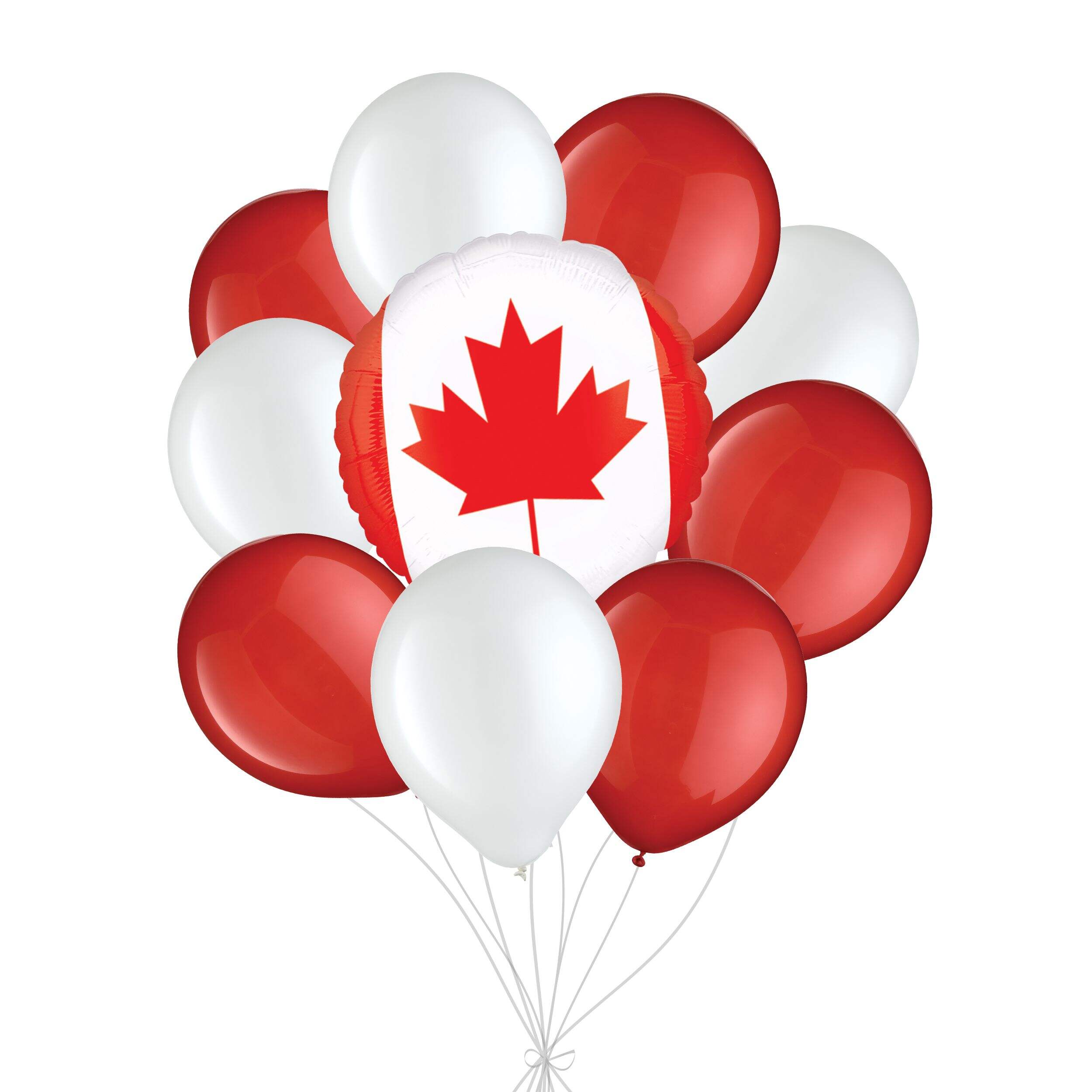 Canada Flag Balloon Bouquet with Latex Balloons, Red/White, 10-pk, Helium Inflation & Ribbon Included for Canada Day Front_Flat