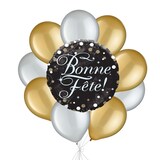 Bouquet de ballon prismatique Bonne Fête! en français avec ballons en latex nacrés dorés et argentés, 10 pièces, gonflage à l'hélium et ruban inclus Front_Flat