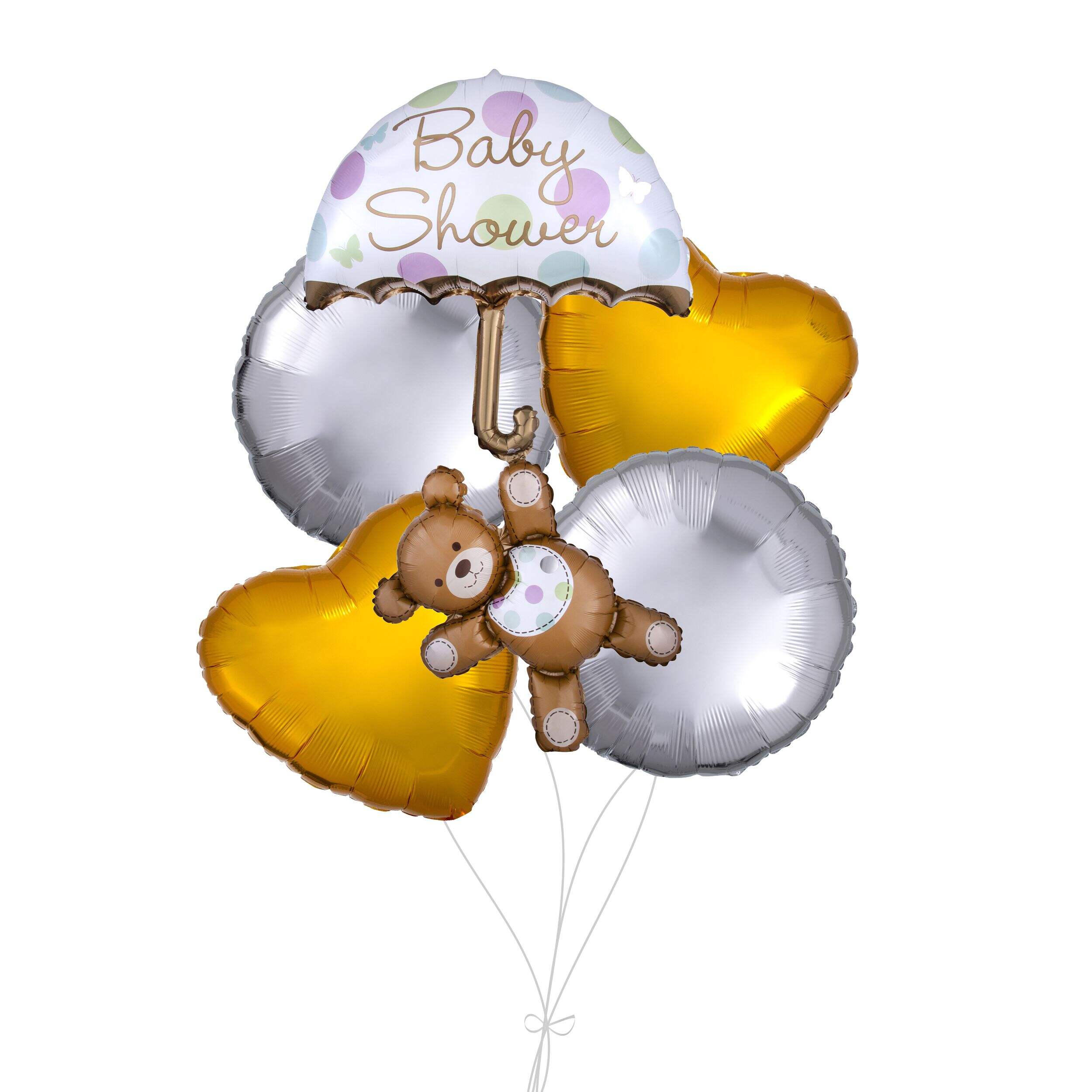 "Baby Shower" Hugs and Stitches Bear Supershape Balloon Bouquet with Heart and Circle Foil Balloons, Gold/Silver, 5-pk, Helium Inflation & Ribbon Included Front_Flat