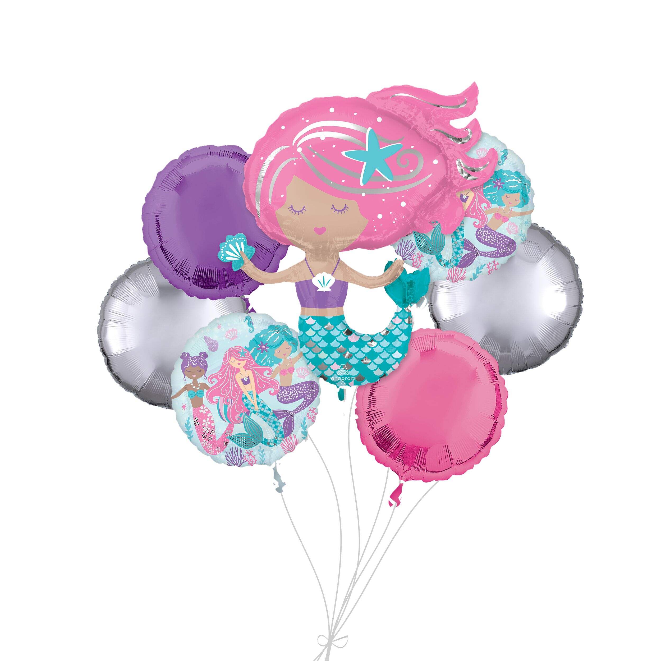 Shimmering Mermaid Supershape Balloon Bouquet with Round Foil Balloons, Silver, 7-pk, Helium Inflation & Ribbon Included for Kids’ Birthday Front_Flat