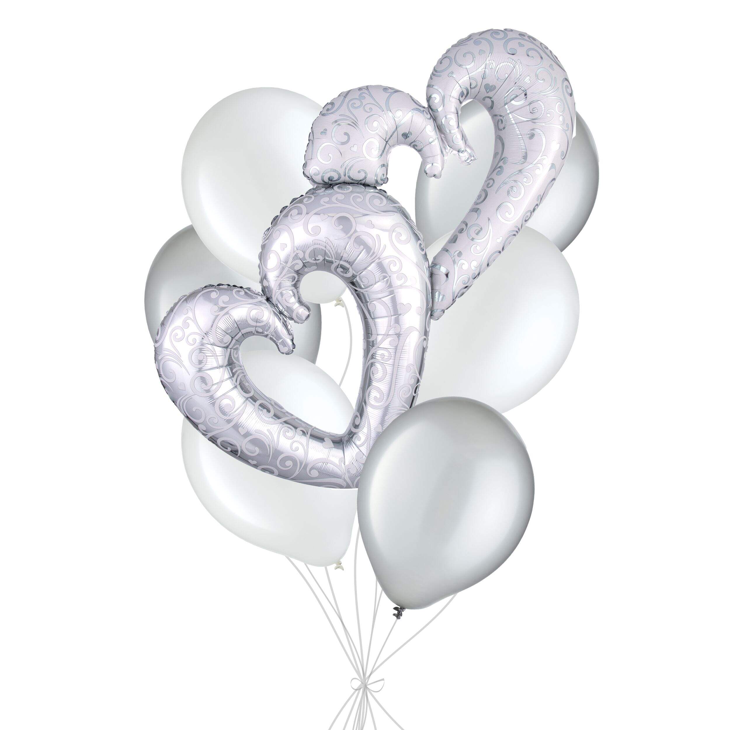 Double Heart Swirl Supershape Balloon Bouquet with Latex Balloons, Silver/White, 7-pk, Helium Inflation & Ribbon Included for Wedding/Engagement Front_Flat