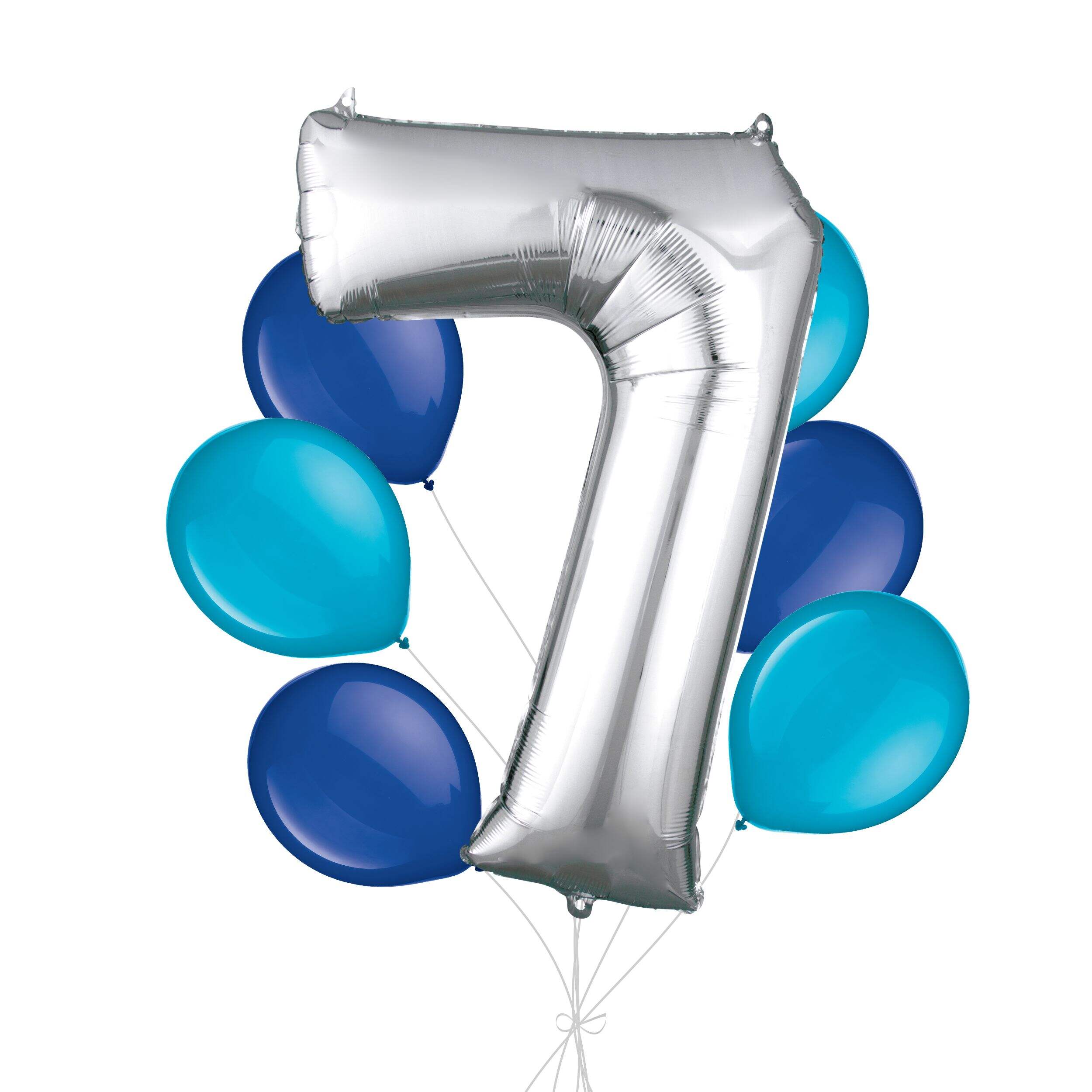 Number "7" Silver Balloon Bouquet with Latex Balloons, Caribbean Blue/Royal Blue, 7-pk, Helium Inflation & Ribbon Included for Birthday/Anniversary Front_Flat