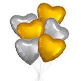 Bouquet de ballons en aluminium en forme de cœur, doré/argenté, paq. 6, gonflage à l'hélium et ruban inclus pour anniversaire ou occasion spéciale Front_Flat