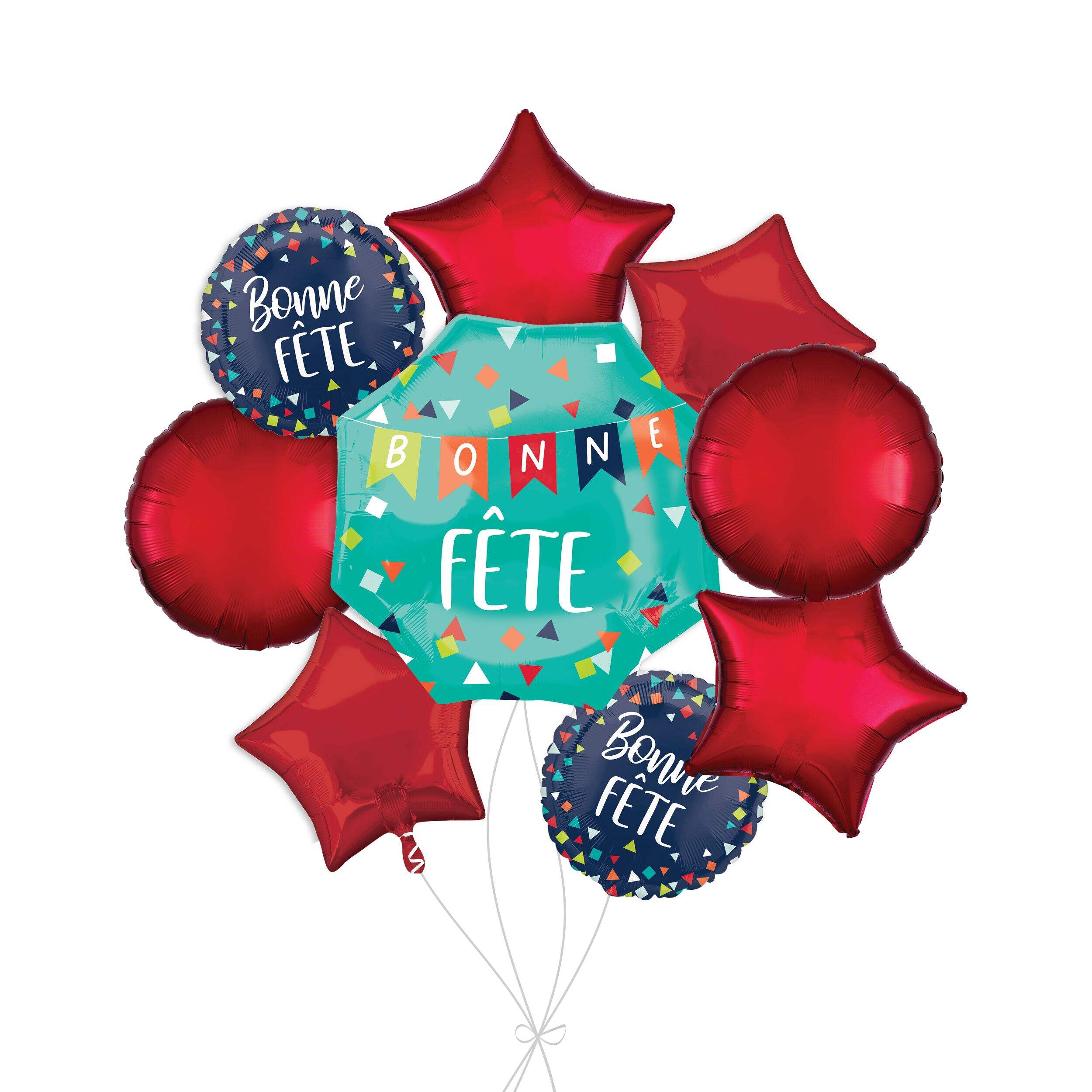 Bouquet de ballon géant Bonne Fête avec ballons en aluminium étoiles et ronds rouges, 9 pièces, gonflement à l’hélium et ruban inclus Front_Flat