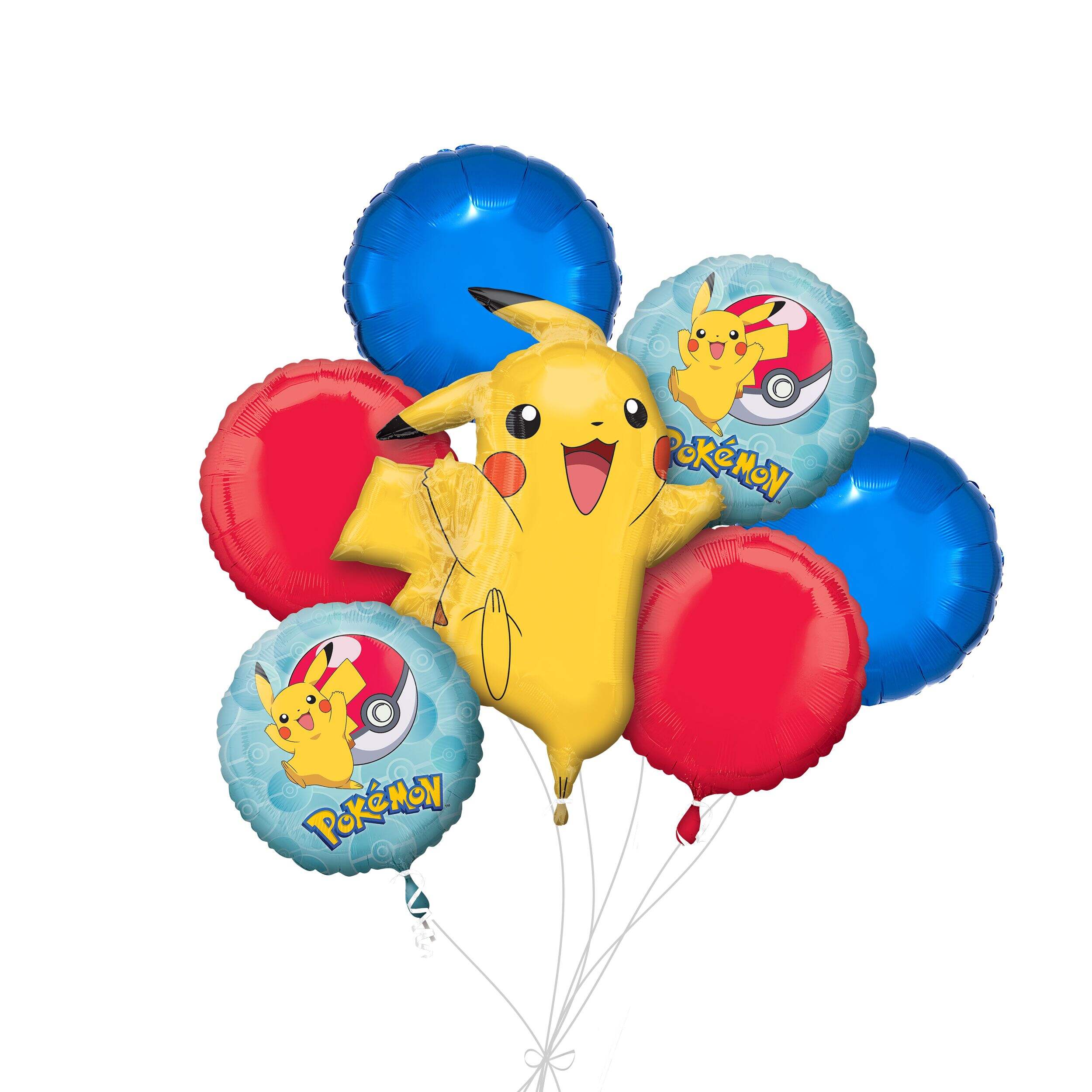 Bouquet de ballon géant Pikachu de Pokémon avec ballons en aluminium ronds jaunes et bleus, 7 pièces, gonflement à l'hélium et ruban inclus, pour fête d’anniversaire d’enfant Front_Flat
