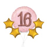 Bouquet de ballons géants 3D 16 Sweet Sixteen avec ballons en forme d'étoile, doré, paq. 5, gonflage à l'hélium et ruban inclus Front_Flat