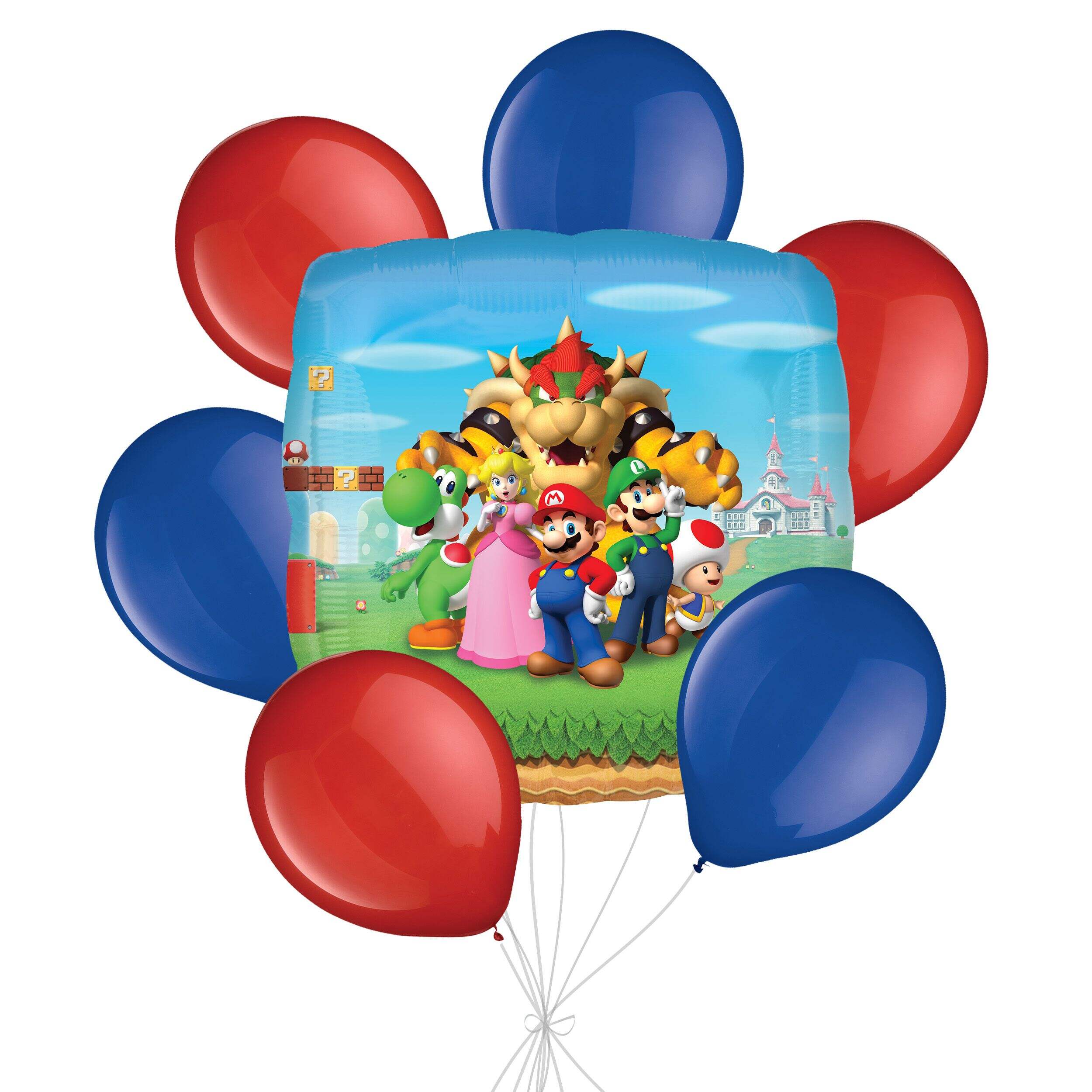 Mario Brothers Jumbo Balloon Bouquet with Latex Balloons, Royal Blue/Red, 7-pk, Helium Inflation & Ribbon Included for Kids’ Birthday Front_Flat