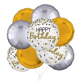 "Happy Birthday" Polka Dot Balloon Bouquet with Round Foil Balloons, Black/Silver/Gold, 9-pk, Helium Inflation & Ribbon Included Front_Flat
