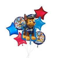 "PAW Patrol" Chase Supershape Balloon Bouquet with Star Foil Balloons, Blue/Red, 7-pk, Helium Inflation & Ribbon Included for Kids’ Birthday Front_Flat