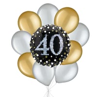 "40" Sparkling Birthday Balloon Bouquet with Latex Balloons, Gold/Silver, 10-pk, Helium Inflation & Ribbon Included