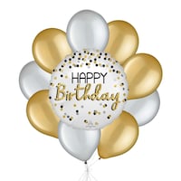¿Happy Birthday¿ Polka Dot Balloon Bouquet with Pearl Latex Balloons, Black/Silver/Gold, 10-pk, Helium Inflation & Ribbon Included