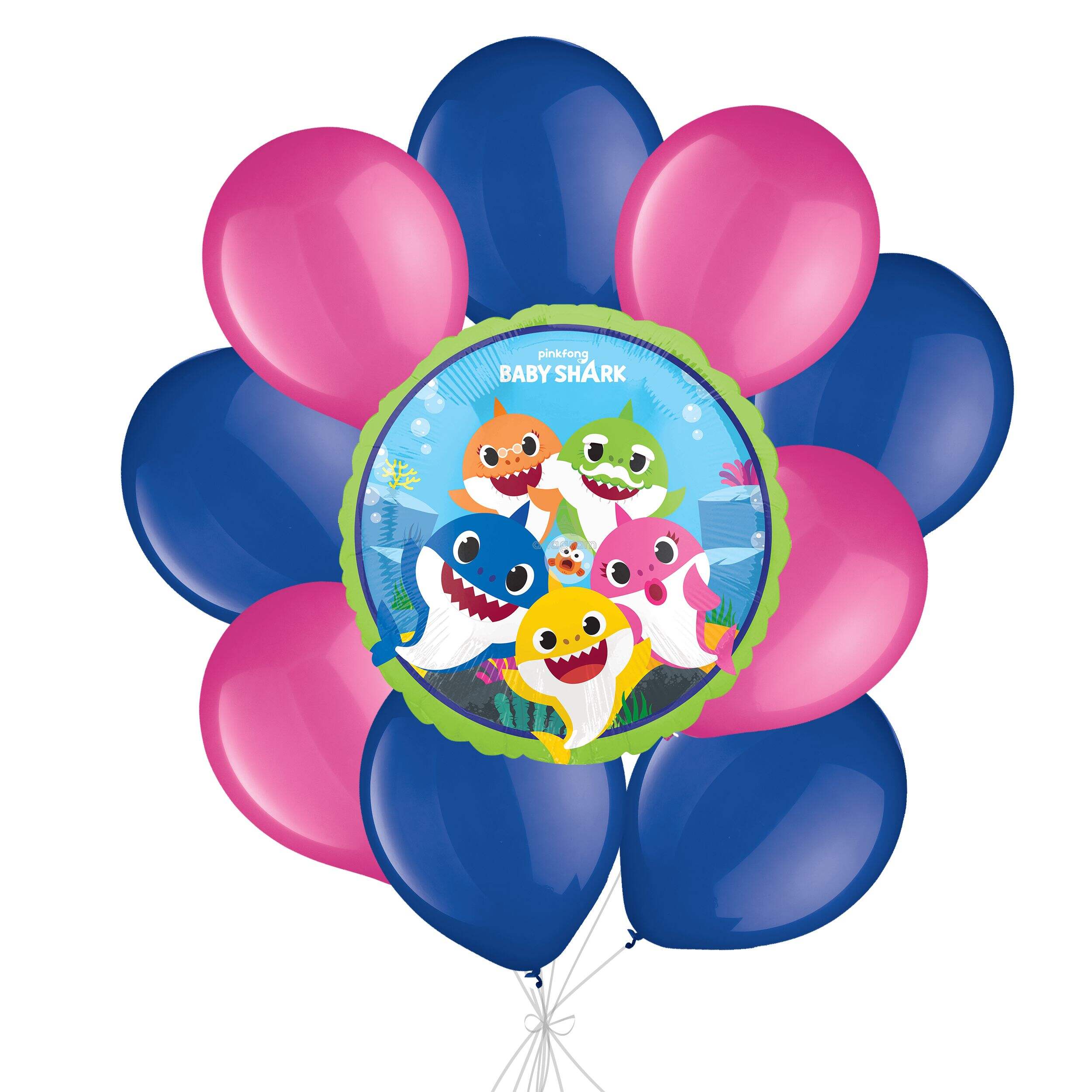 “Baby Shark” Balloon Bouquet with Latex Balloons, Bright Pink/Royal Blue, 10-pk, Helium Inflation & Ribbon Included for Kids’ Birthday Front_Flat