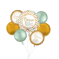 “Bonne Fête” French Happy Birthday Pastel Stripe Jumbo Balloon Bouquet with Round Foil Balloons, Gold/Mint Green, 7-pk, Helium Inflation & Ribbon Included Front_Flat