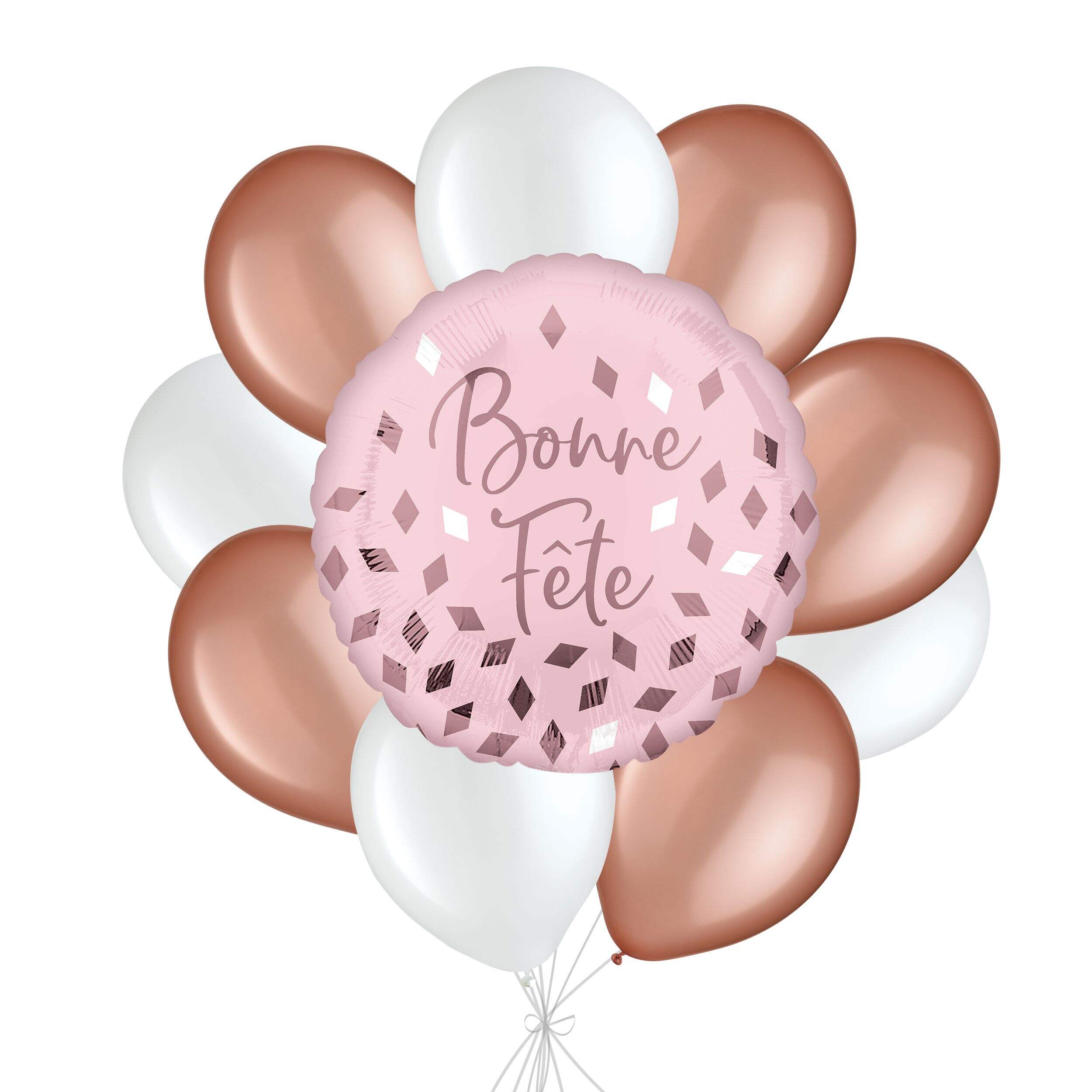 “Bonne Fête” French Happy Birthday Blush Balloon Bouquet with Latex Balloons, Rose Gold/White, 10-pk, Helium Inflation & Ribbon Included Front_Flat