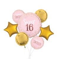 "Sweet 16" Birthday Jumbo Balloon Bouquet with Round and Star Foil Balloons, Gold, 7-pk, Helium Inflation & Ribbon Included Front_Flat
