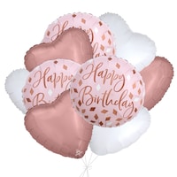 "Happy Birthday" Blush Balloon Bouquet with Heart Foil Balloons, Rose Gold/White, 9-pk, Helium Inflation & Ribbon Included