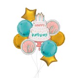 “Happy Birthday” Cake Day Supershape Balloon Bouquet with Round and Star Foil Balloons, Teal and Gold, 9-pk, Helium Inflation & Ribbon Included Front_Flat