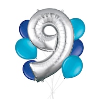 Number "9" Silver Balloon Bouquet with Latex Balloons, Caribbean Blue/Royal Blue, 7-pk, Helium Inflation & Ribbon Included for Birthday/Anniversary Front_Flat