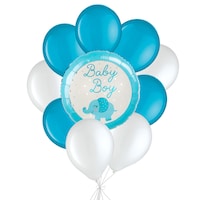 ¿Baby Boy¿ Elephant Balloon Bouquet with Latex Balloons, White/Blue, 10-pk, Helium Inflation & Ribbon Included for Baby Shower