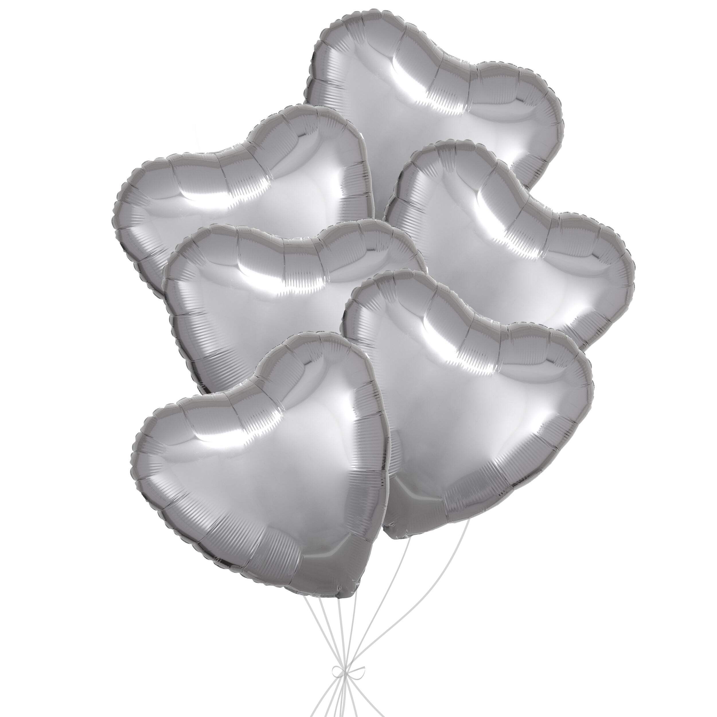 Bouquet de ballons argentés en aluminium en forme de cœur, paq.&nbsp;6, gonflage à l'hélium et ruban inclus pour anniversaire ou occasion spéciale Front_Flat