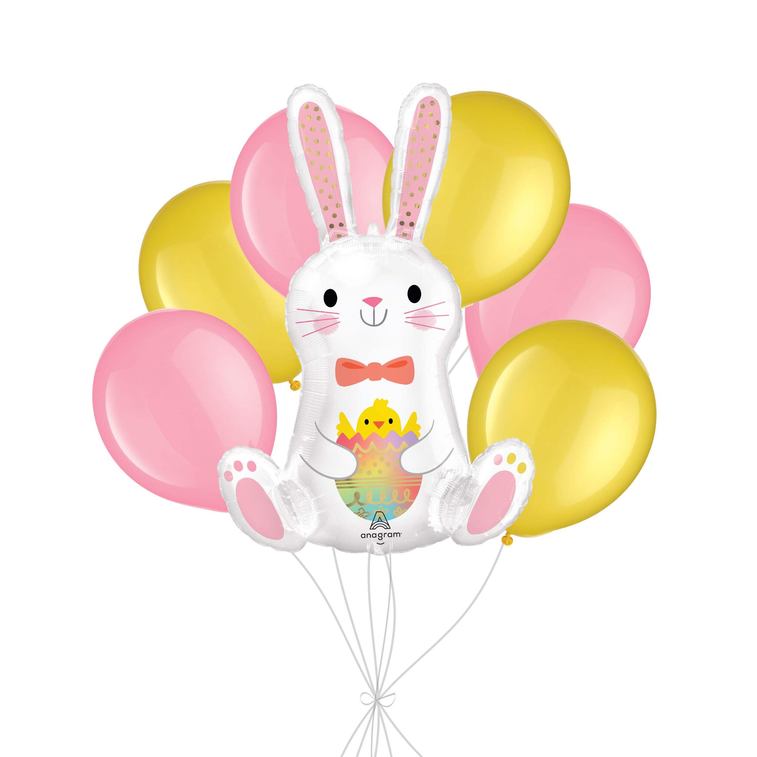 Easter Bunny Love Supershape Balloon Bouquet with Latex Balloons, Pink/Yellow, 7-pk, Helium Inflation & Ribbon Included Front_Flat