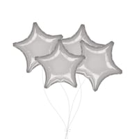 Bouquet de ballons argentés en aluminium en forme d'étoile, paq. 4, gonflage à l'hélium et ruban inclus pour anniversaire ou occasion spéciale Front_Flat