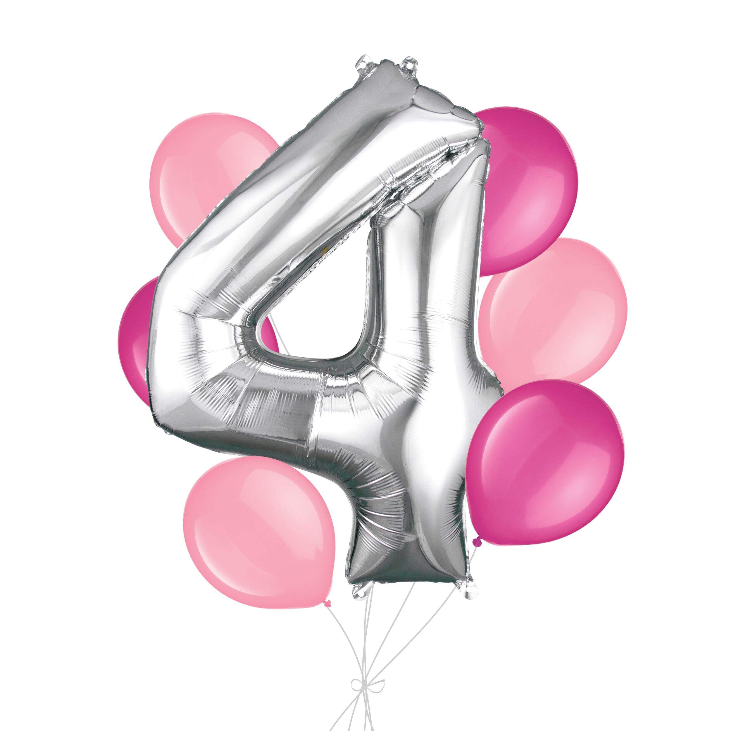Number "4" Silver Balloon Bouquet with Latex Balloons, Bright Pink/New Pink, 7-pk, Helium Inflation & Ribbon Included for Birthday/Anniversary Front_Flat